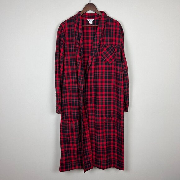 Duluth Trading Co Robe Womens Large Red Black Plaid Free Swingin' Flannel Cotton - Picture 1 of 12